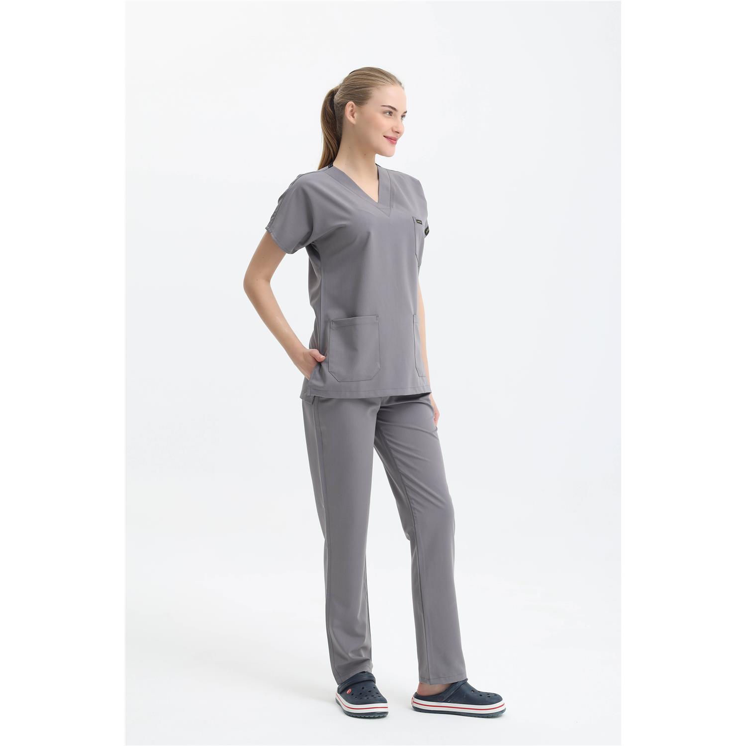 Likralı Cerrahi Gri Üst