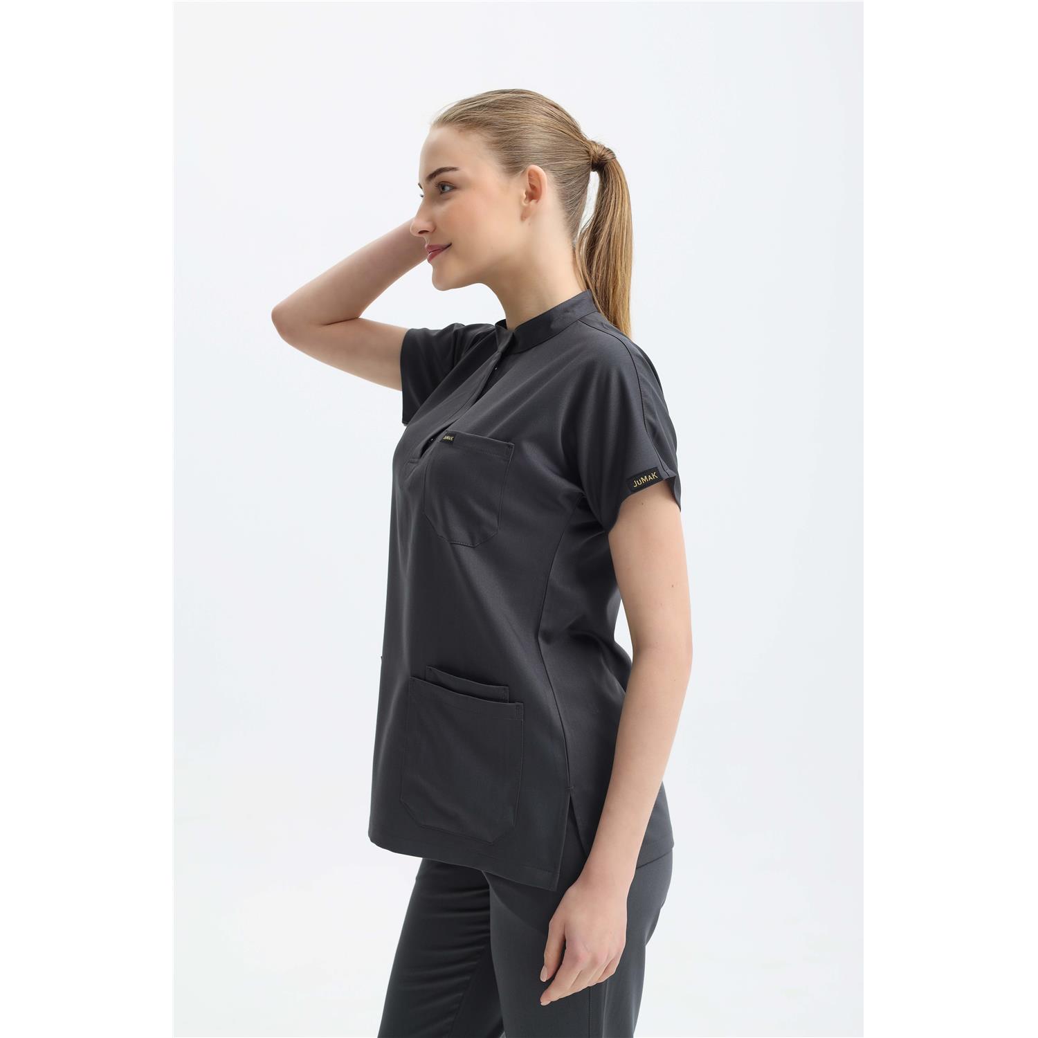 Likralı Koyu Gri Gizli Pat Hakim Yaka Üst