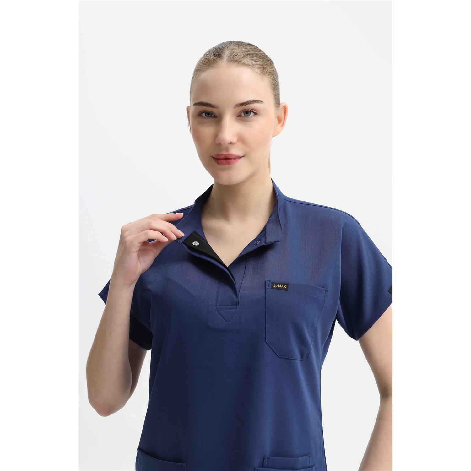 Likralı Koyu İndigo Mavi Gizli Pat Hakim Yaka Üst