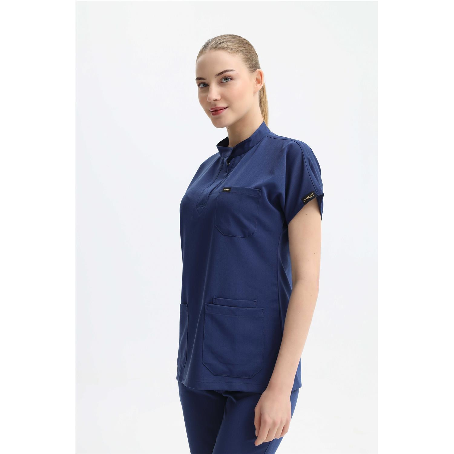 Likralı Koyu İndigo Mavi Gizli Pat Hakim Yaka Üst