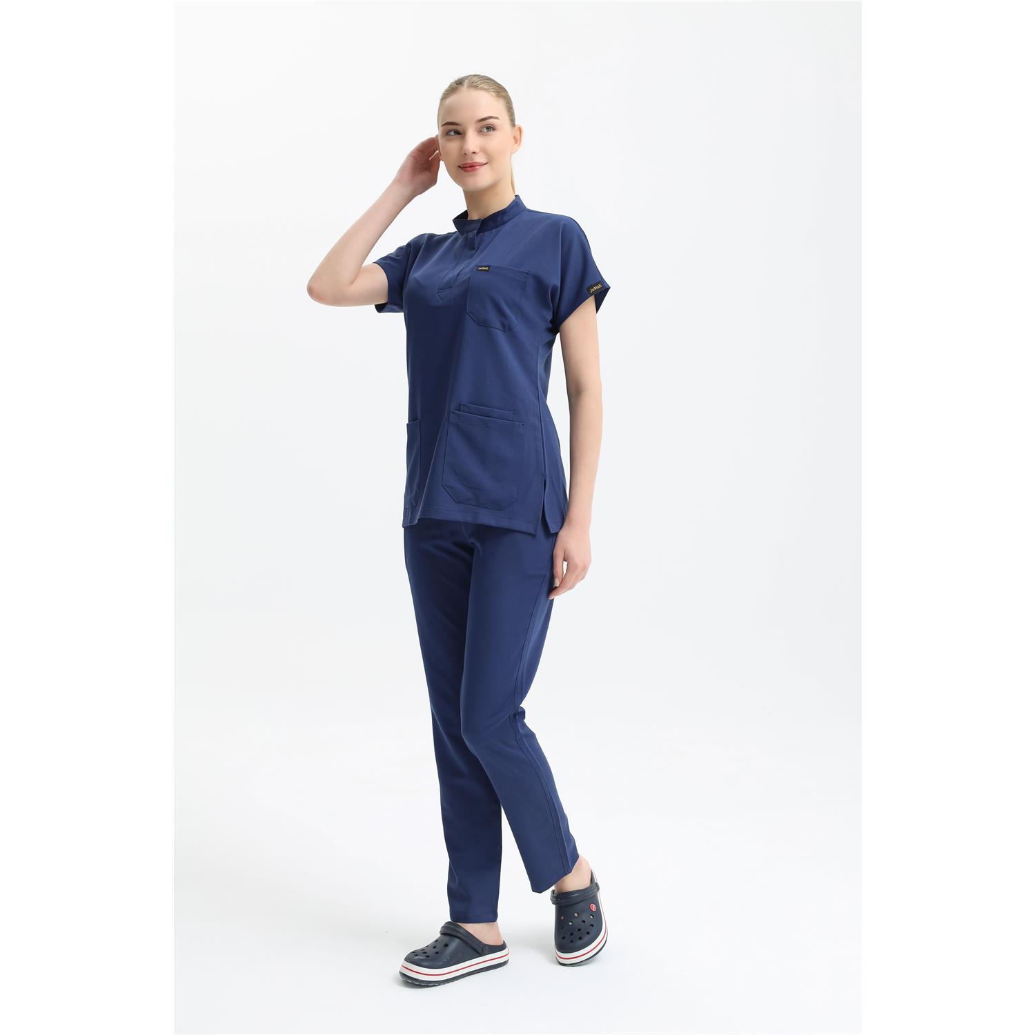 Likralı Koyu İndigo Mavi Gizli Pat Hakim Yaka Üst