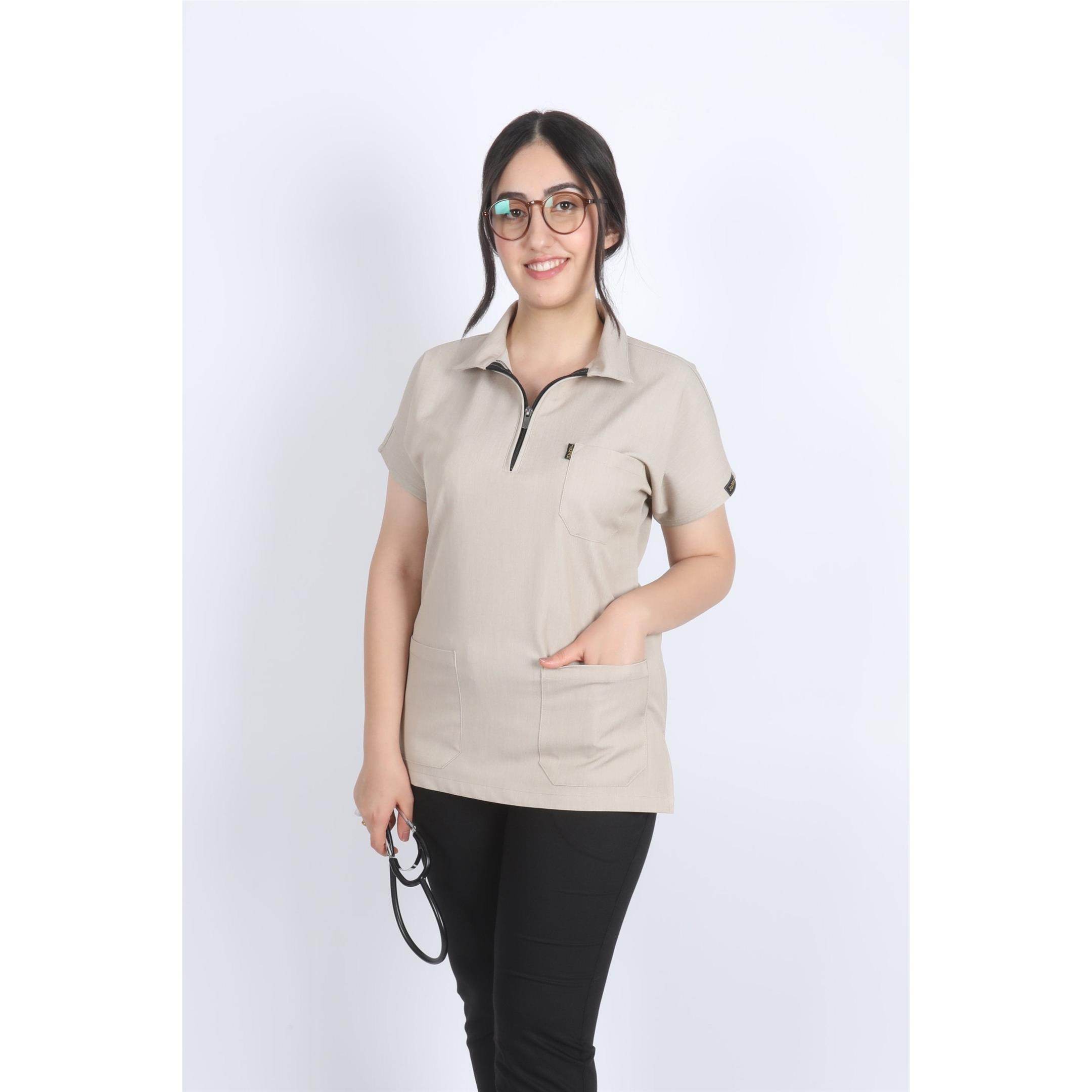 Likralı Kum Beji Polo Yaka Üst