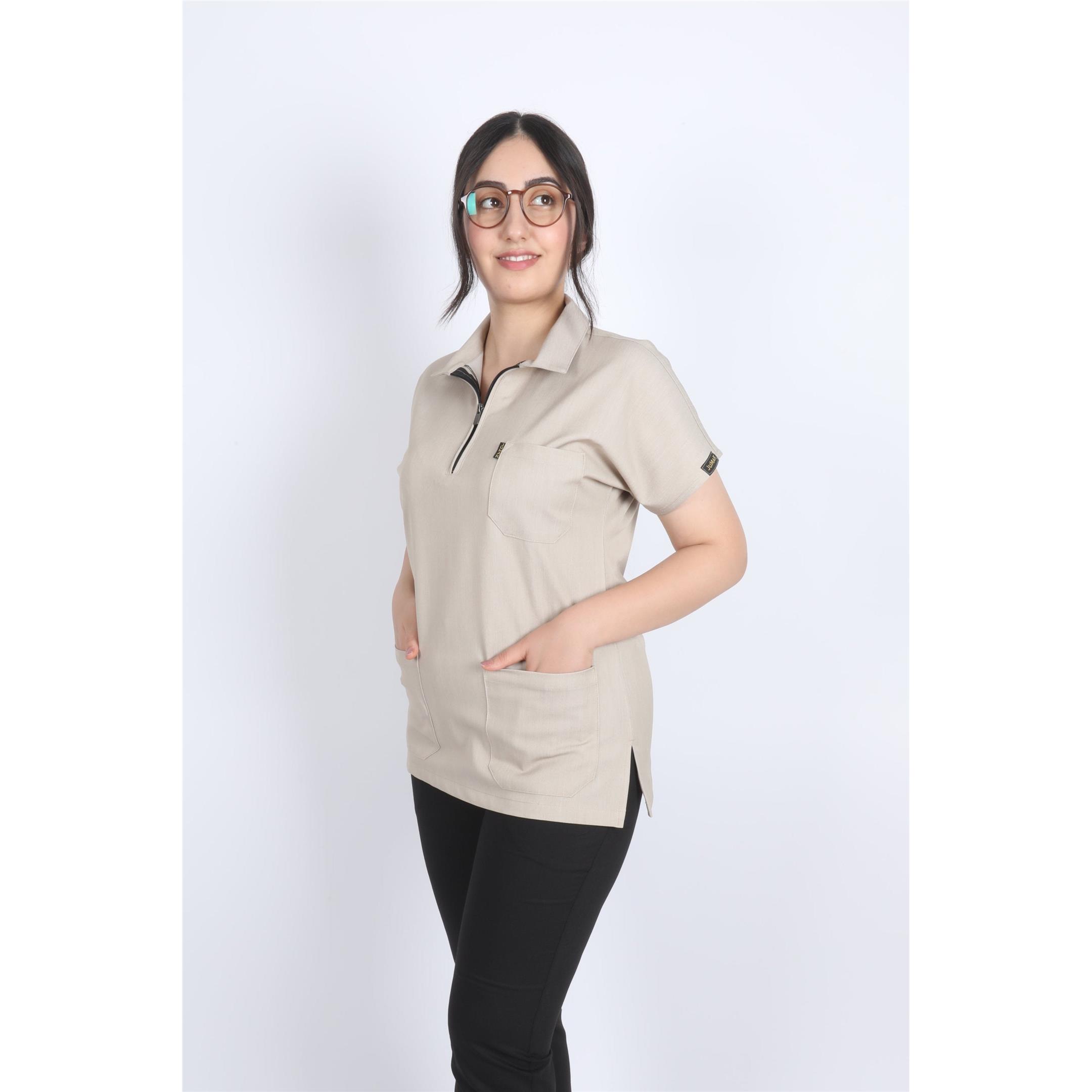 Likralı Kum Beji Polo Yaka Üst