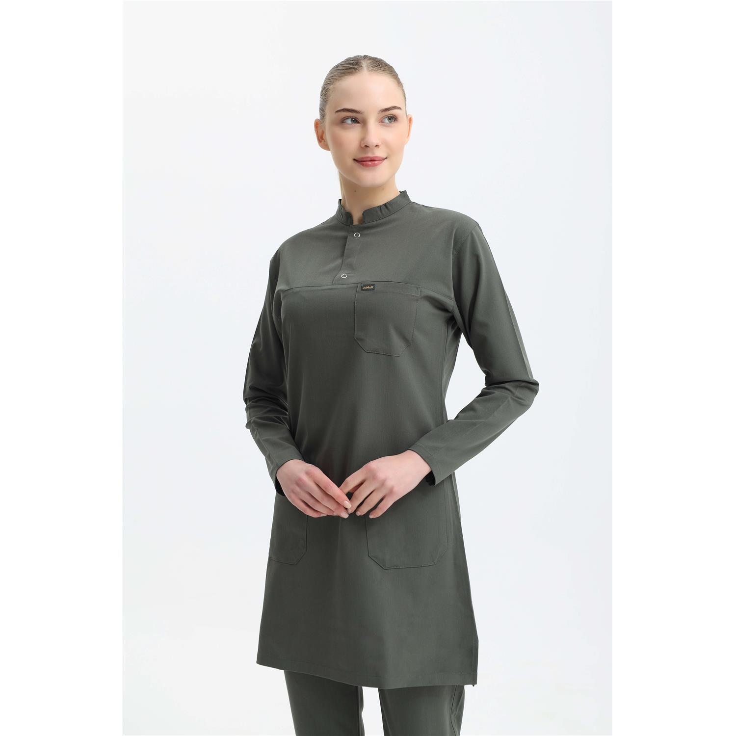 Likralı Mat Haki Yeşili Tesettür Takım