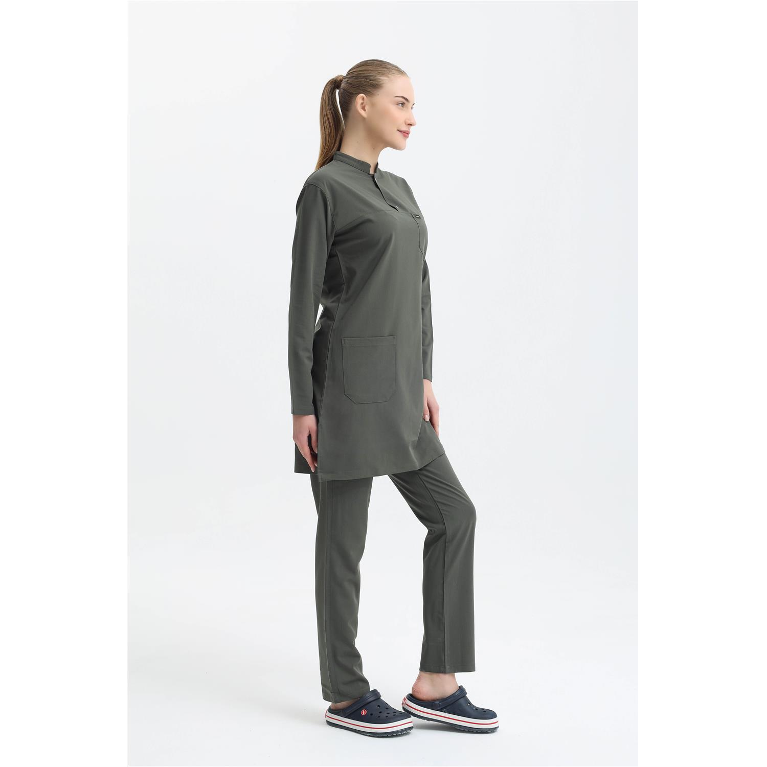 Likralı Mat Haki Yeşili Tesettür Takım