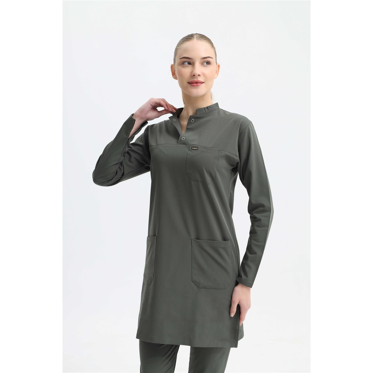 Likralı Mat Haki Yeşili Tesettür Takım